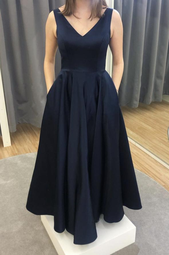 Blue v neck satin long A line prom dress evening dress C1329