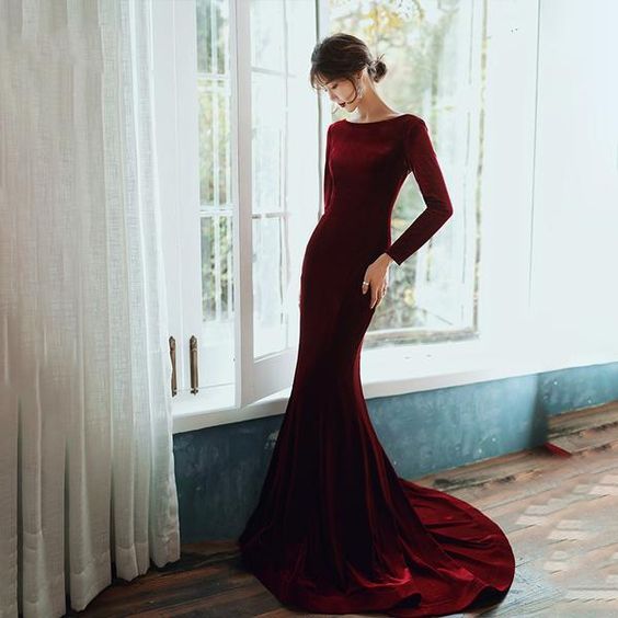 Burgundy Velvet Long Sleeves Mermaid Party Dress, Long Prom Dress C1544
