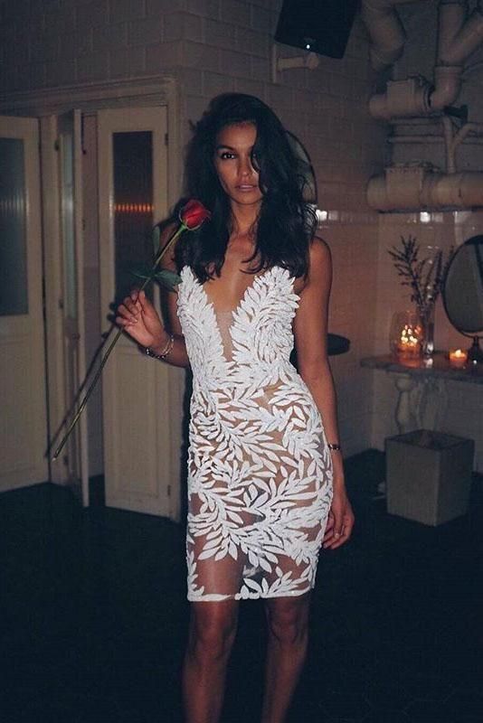 White Mini Lace Homecoming Dresses, Sexy Sheath Mini Dress C656