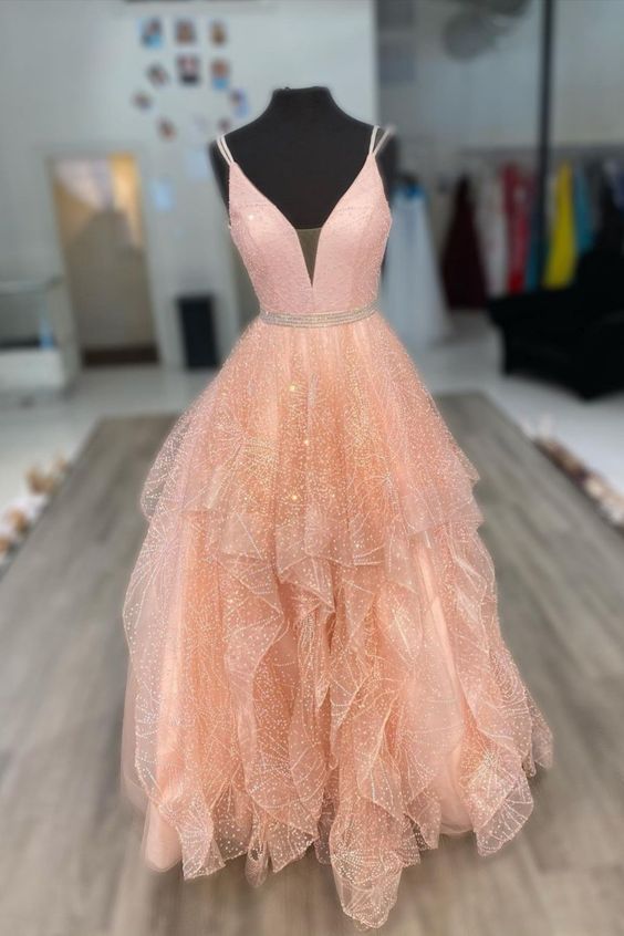 Gorgeous Illusion V-Neck Peach Prom Dress C976