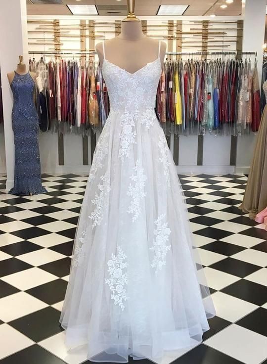 White Lace Tulle Long Summer Prom Dress, Evening Dress C319
