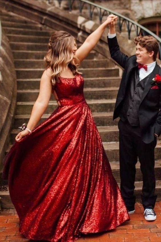 princess wine red sequins A-line long prom dress with lace up back C1635
