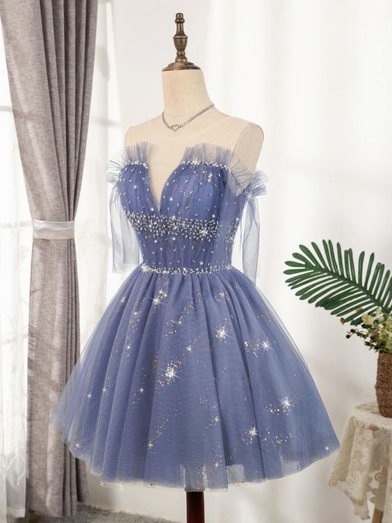 Flowy Cute A-line Blue Homecoming Dresses Short Beading C1158
