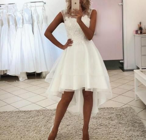 High Low Short Party Dresses Sleeveless Jewel Neck Beads Sequins Appliques Lace C336