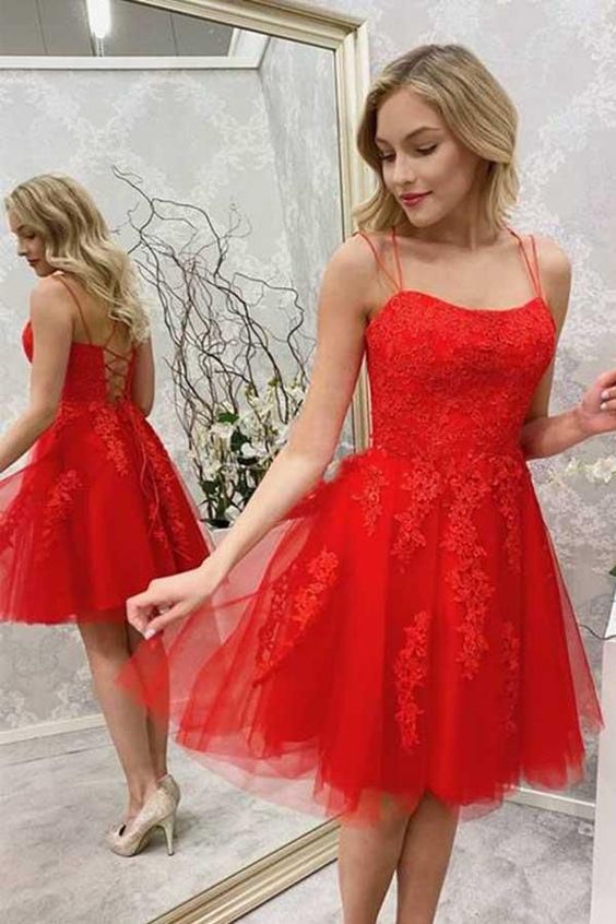 Red Lace Applique Spaghetti Straps Homecoming Dresses, Red Tulle Short Prom Dress C1452