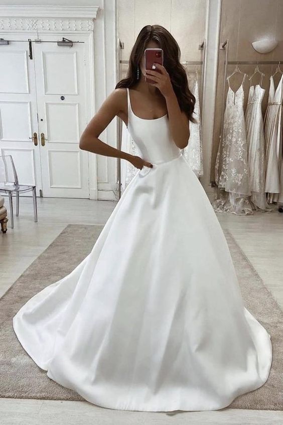 White satin long A line prom dress evening dress C115
