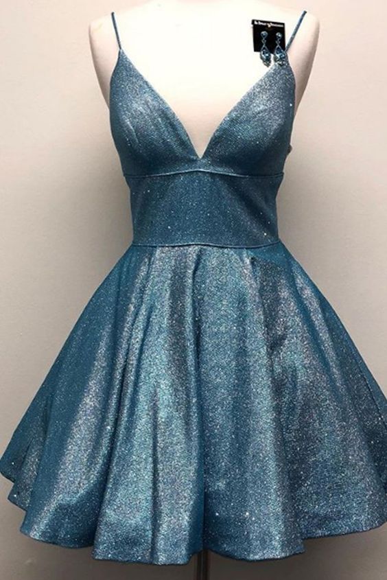 Spaghetti Straps V Neck A Line Short Prom Homecoming Dress With Pockets Cocktail Dress C639