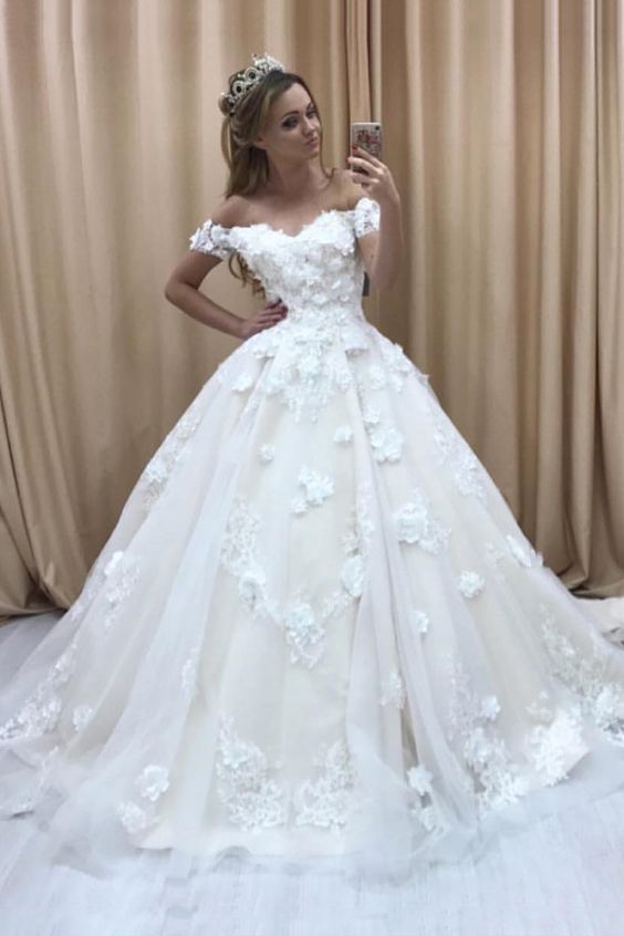 Wedding Dress Bridal Dress,Off The Shoulder Prom Dress With Appliques C1005