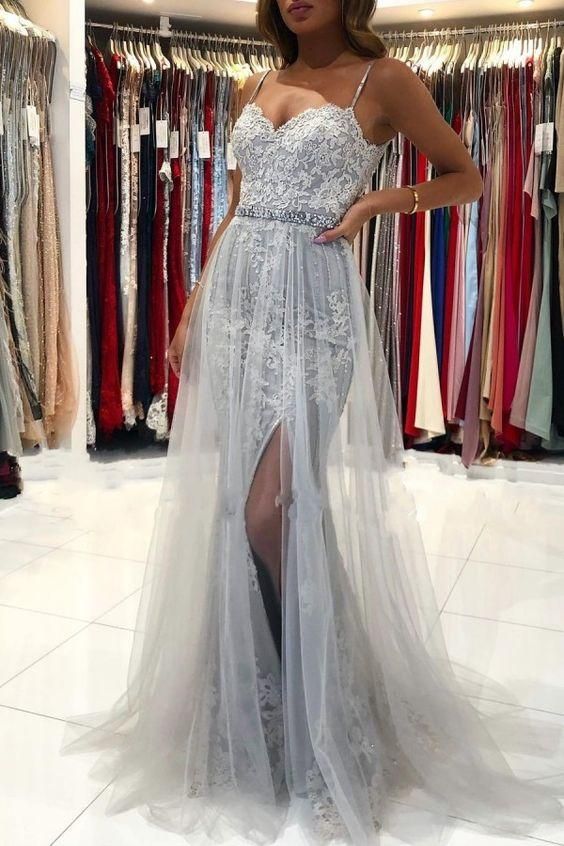 Sweetheart Silver Lace Prom Dresses Tulle with Beadings C298
