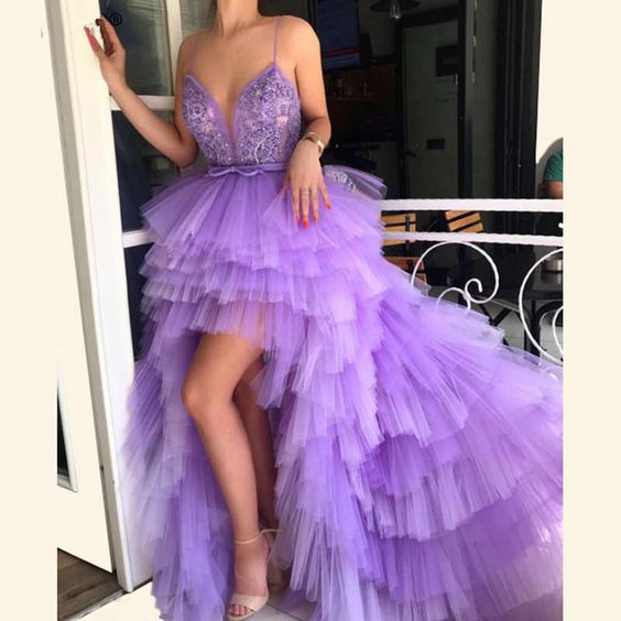 Lavender Muslim Evening Dresses A-line Tulle Lace Pearls Hi Low C341