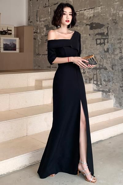 Black One Shoulder Slit Long Evening Dress, Black Formal Dress Prom Dress C1485