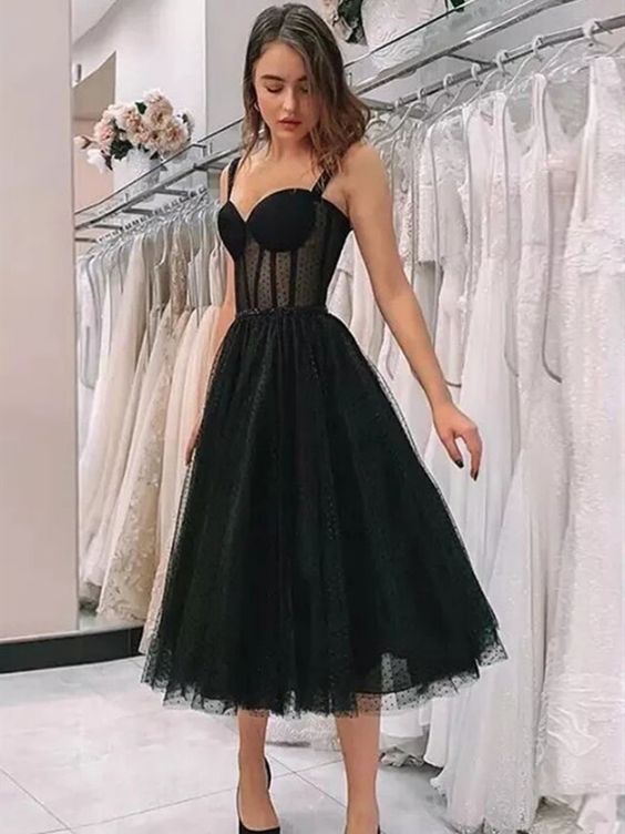 Black Tea Length Sweetheart Neck Prom Dresses, Black Tea Length Formal Homecoming Dresses C1140