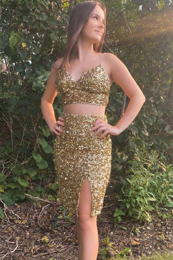 Stunning two piece red sequins short homecoming dress C1125