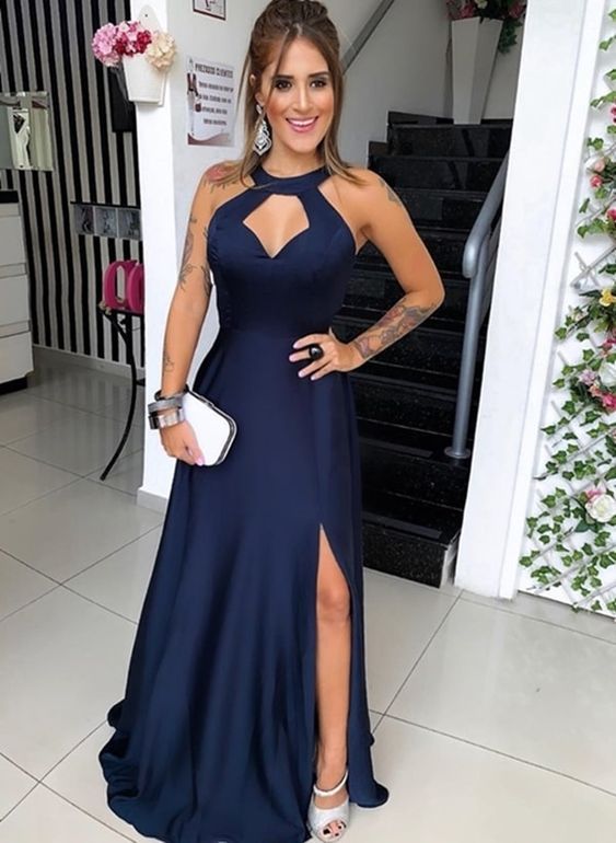 Halter Evening Dress For Girl Prom Floor Length Party Dress Navy Blue With Side Slit C869