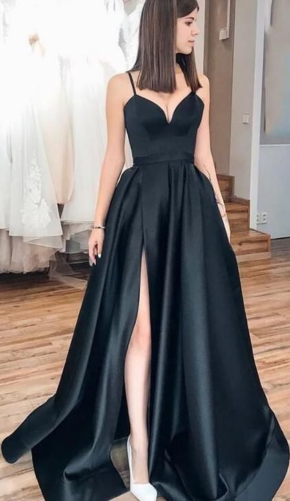 Black A-line Satin Long Prom Dresses with Slit C252