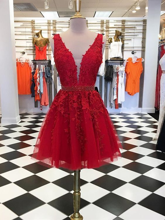 V Neck Short Red Lace ,Short V Neck Red Lace Graduation Homecoming Dresses C741