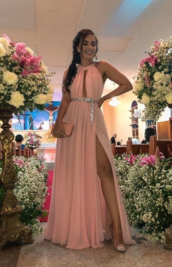 Halter Long Prom Dress With Split C702