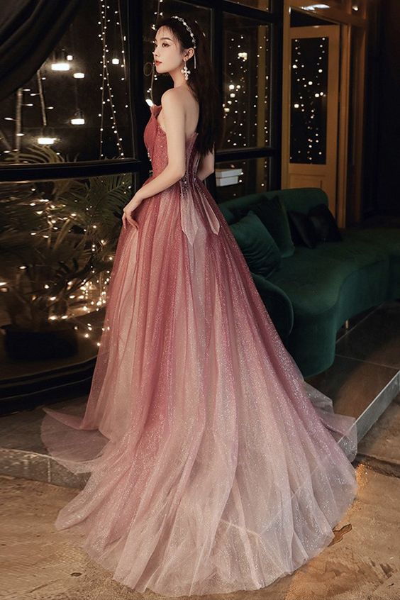 Cute A line tulle long prom dress evening dress C1468