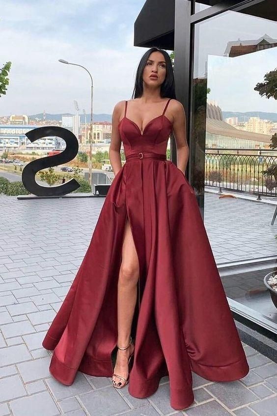A-Line Long Straps Satin Maroon Prom Dress with packets C258