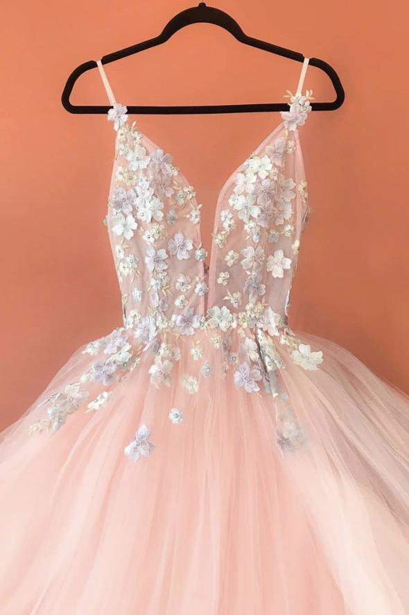 Pink v neck appliqué long prom dress evening dress C1291