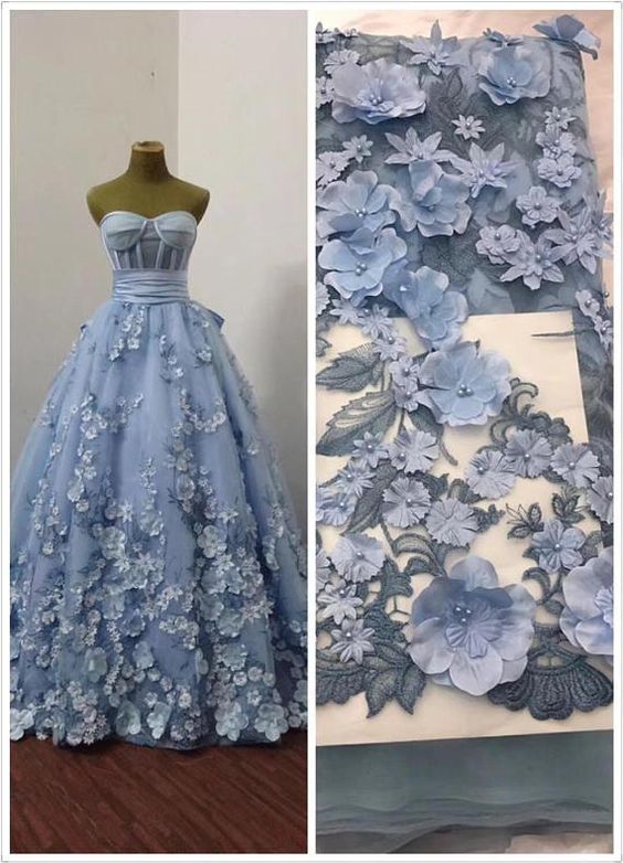 sweetheart neck blue prom dresses ball gown 3d flowers elegant a-line floral prom gown C1628