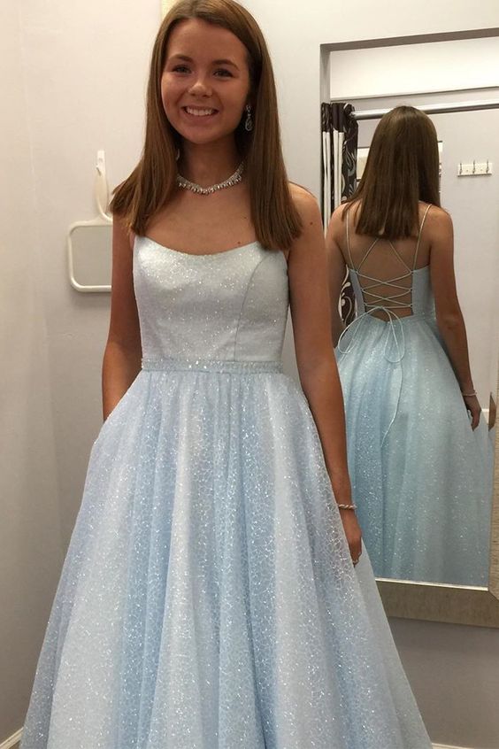 glitter light blue tulle long formal dress with double straps a-line long prom dress C951