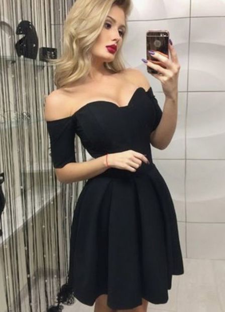 A-Line Off-the-Shoulder Short Sleeves Black Homecoming Dress,Cocktail Dress C672