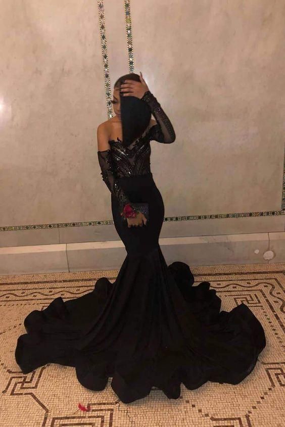 Black Long Sleeves Floor Length Mermaid Prom Dresses C820