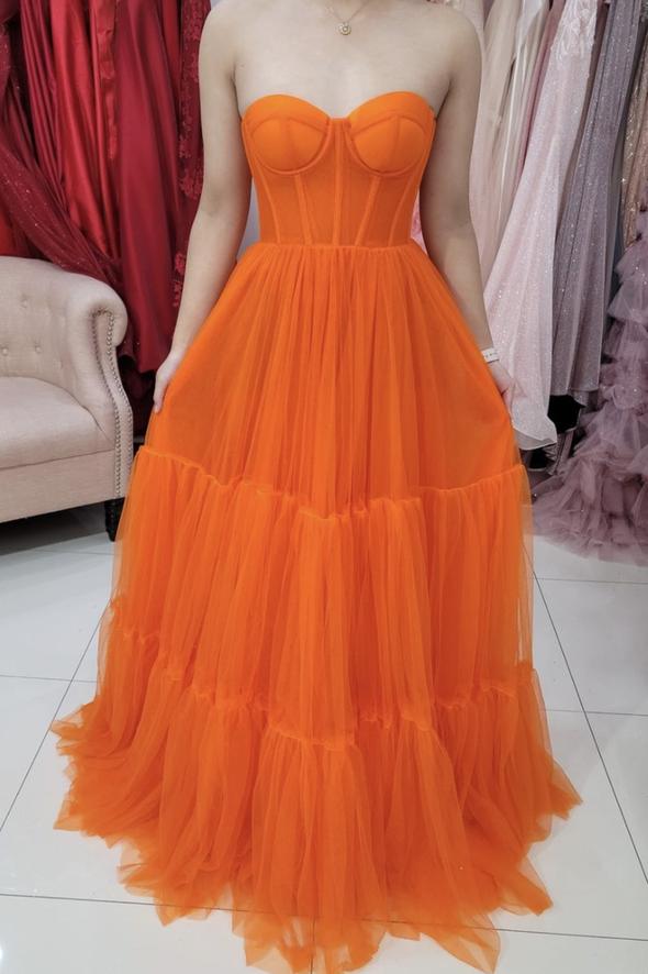 Orange tulle long A line prom dress evening dress C1319