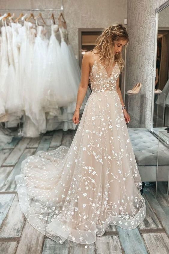 Champagne v neck tulle lace long prom dress champagne evening dress C1630