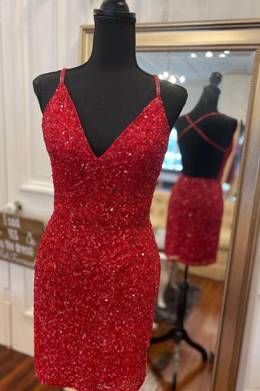 Tight V-Neck Red Mini Party Dress C796