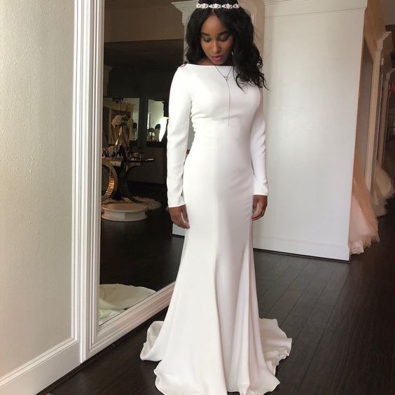 Gorgeous White Mermaid Satin Long Sleeve Wedding Dress , Elegant Prom Dress C867