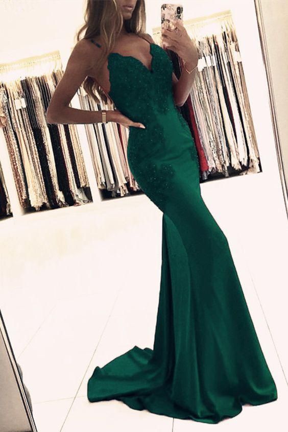 Elegant Satin Mermaid Prom Dresses Lace Appliques C281