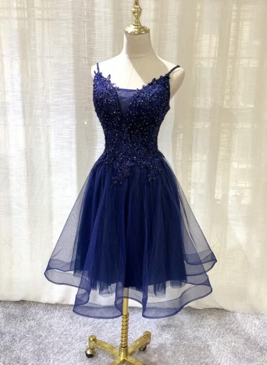 Navy Blue V-neckline Tulle Short Homecoming Dress, Lace Applique Short Party Dress C873