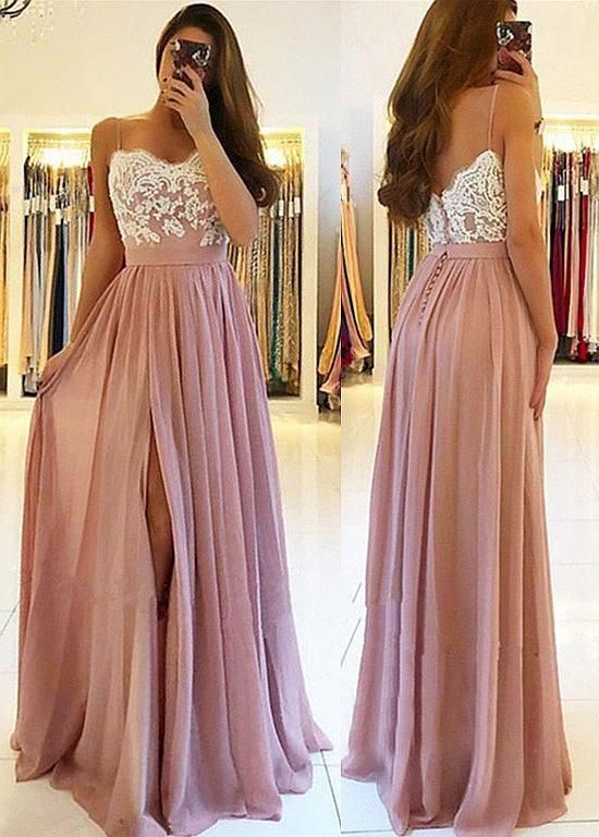 Charming A Line Sweetheart Split White and Blush Lace Long Prom Dresses C328