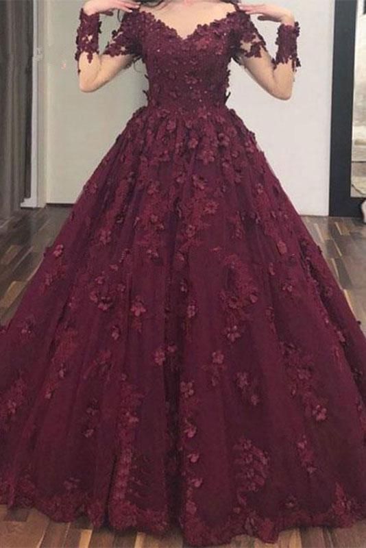 Burgundy v neck tulle lace long prom dress, burgundy lace evening dress C1577
