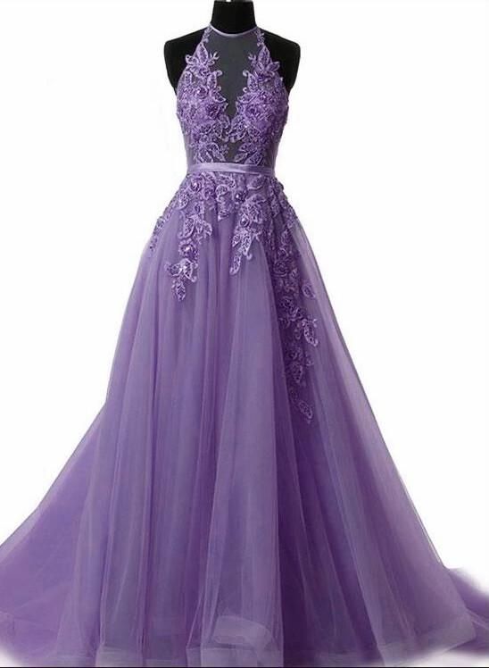 Light PurpleHalter Neck Lace Prom Dress with Sweep Train, Backless Evening Gowns C386