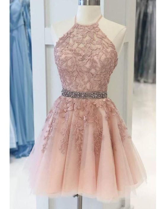 Halter Lace Blush Pink Homecoming Dress,Beading Semi Formal Cocktail Dress C78