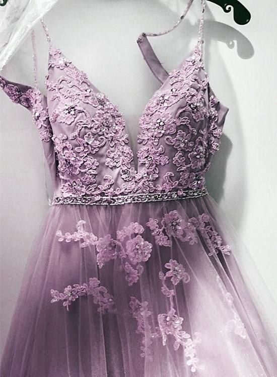 Light Purple Lace Applique Beaded Wasit Long Prom Dress, Tulle A-line Straps Party Dress C977