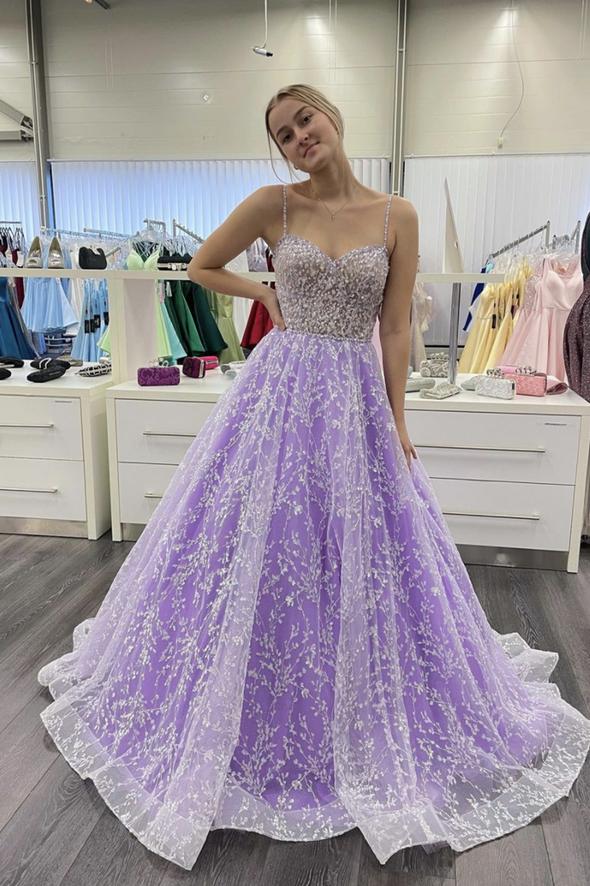 Purple tulle lace long prom dress evening dress C1278