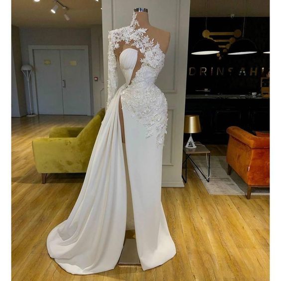 Exquisite Lace White Prom Dresses High Neck One Shoulder Long Sleeve Formal Evening Gowns C1403