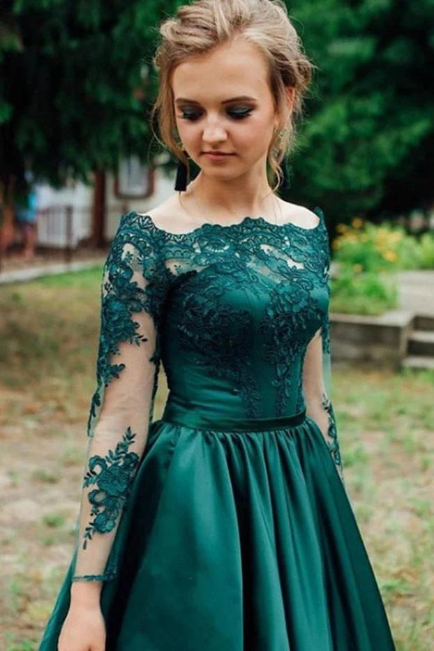 Off-shoulder Lace Long Sleeves Satin Hunter Prom Evening Dresses C1643