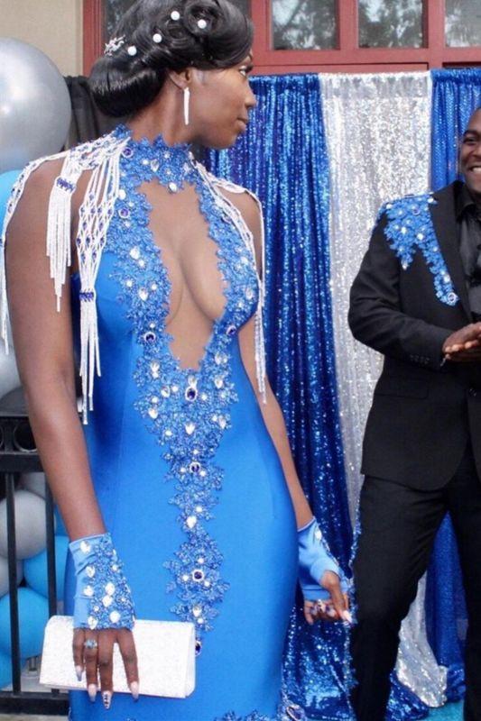 Glamorous Blue Halter Crystal Prom Dresses V-Neck Mermaid Evening Dres C535