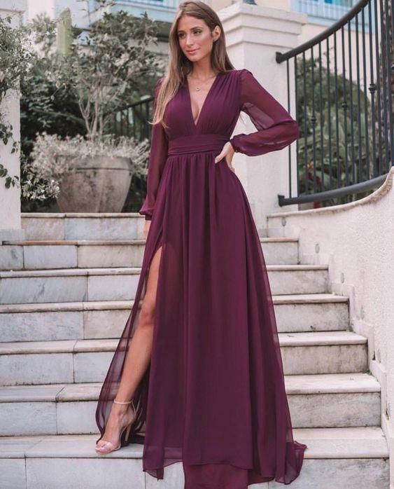 V Neck Chiffon Prom Dresses With Long Sleeves , High Split Party Dress C848