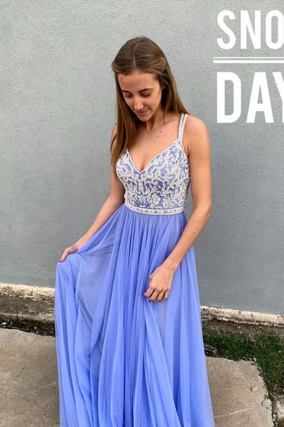 A-line blue beaded prom dress with double straps C974