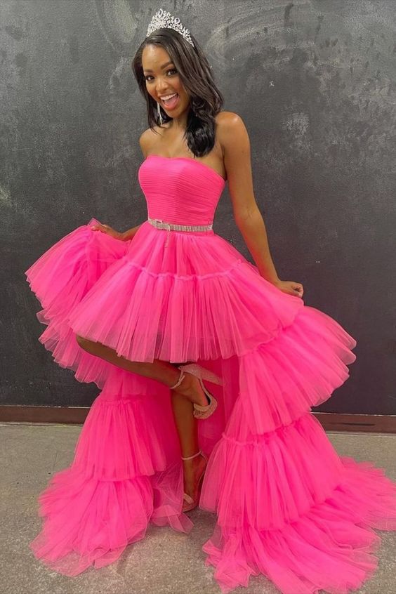 hi-low strapless tiered hot pink tulle prom party dress C939