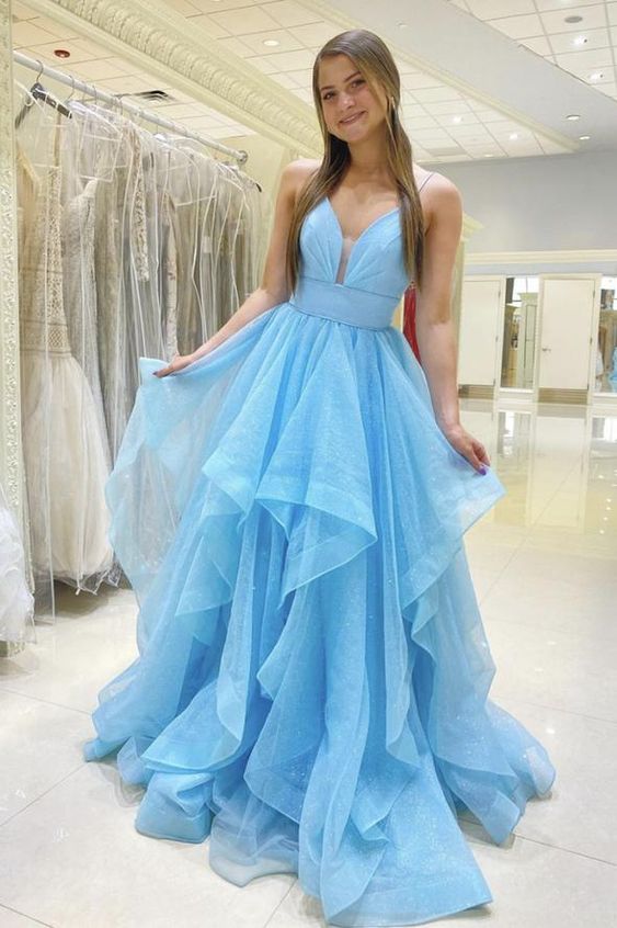 Blue tulle long A line prom dress blue evening dress C343