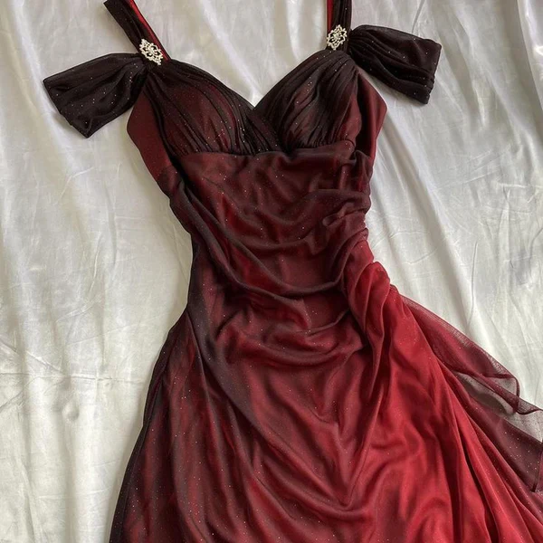 Charming Ombre Red Chiffon A Line Prom Dress Off The Shoulder Evening Dress cc1389