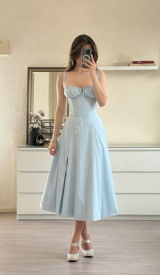 Sweet Blue Sweetheart Neckline A Line Satin Slit Evening Dress Elegant Prom Dress Party Gown cc1497