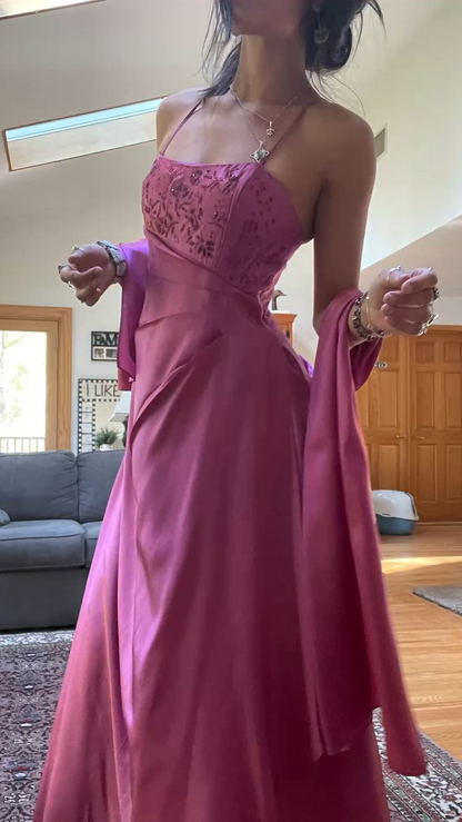Spaghetti Straps Pink Long A Line Beaded Evening Dress Formal Prom Gown cc1426